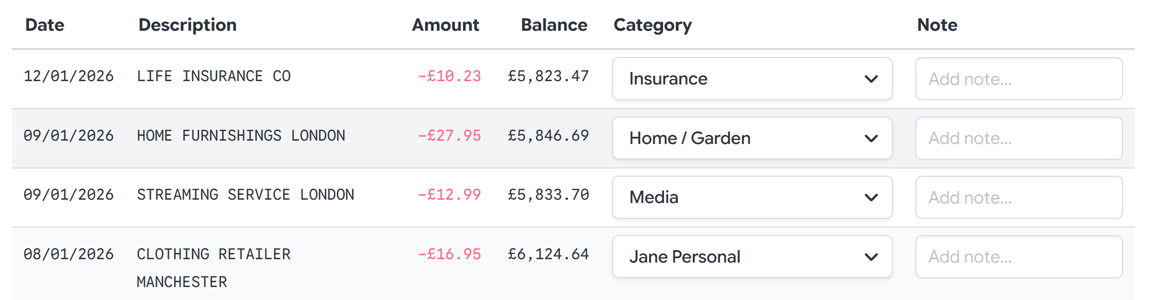 NumeroMoney bank statement transaction categorisation UI