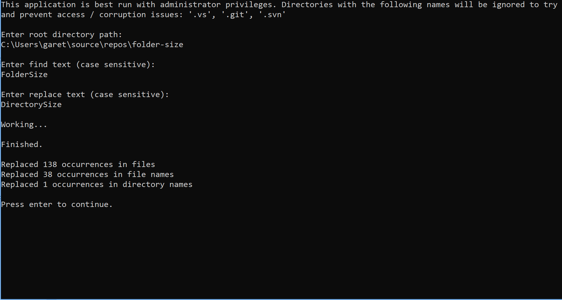.NET Project Rename Tool Console Output